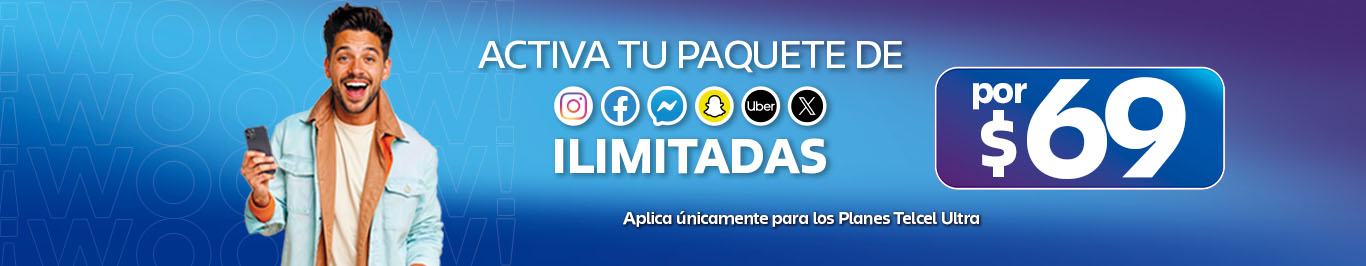 persona sostiene telefono y ofrece paquete con aplicaciones ilimitadas por sesenta y nueve