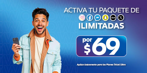 persona sostiene telefono y ofrece paquete con aplicaciones ilimitadas por sesenta y nueve