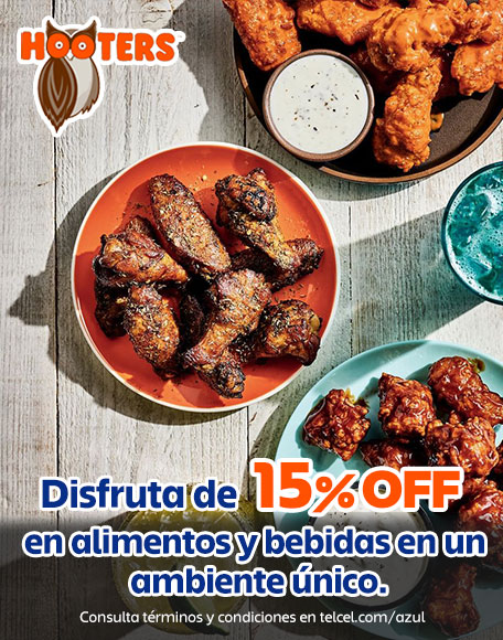 con hooters disfruta del quince porciento de descuento en alimentos y bebidas